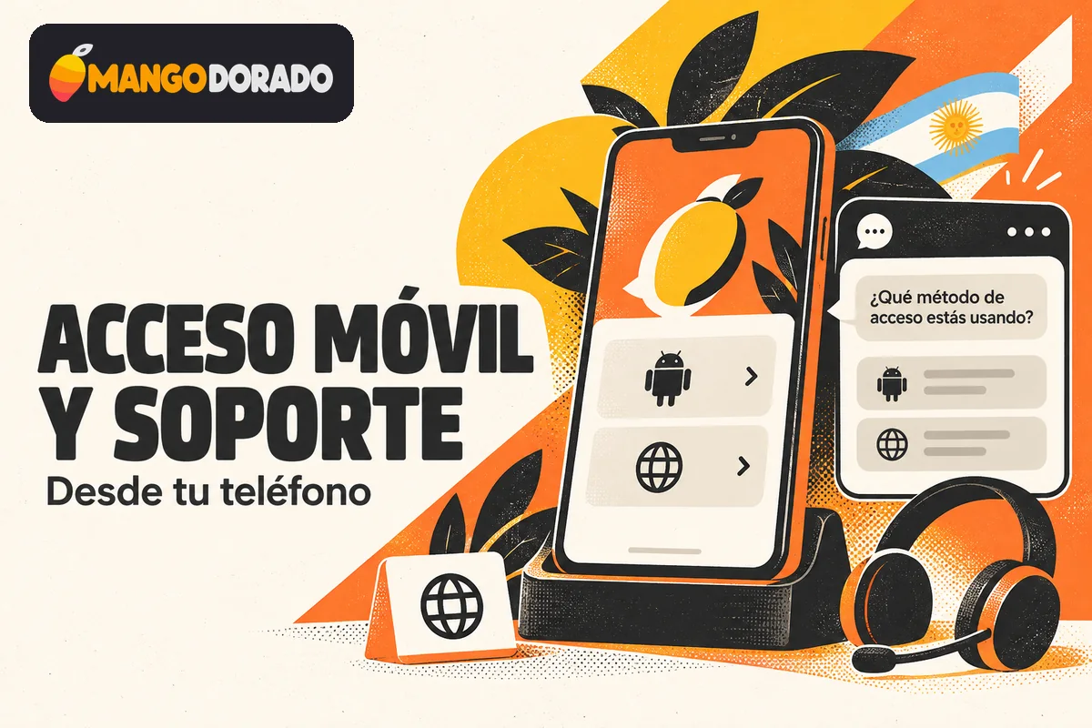 Teléfono con opciones de acceso móvil y chat de soporte.