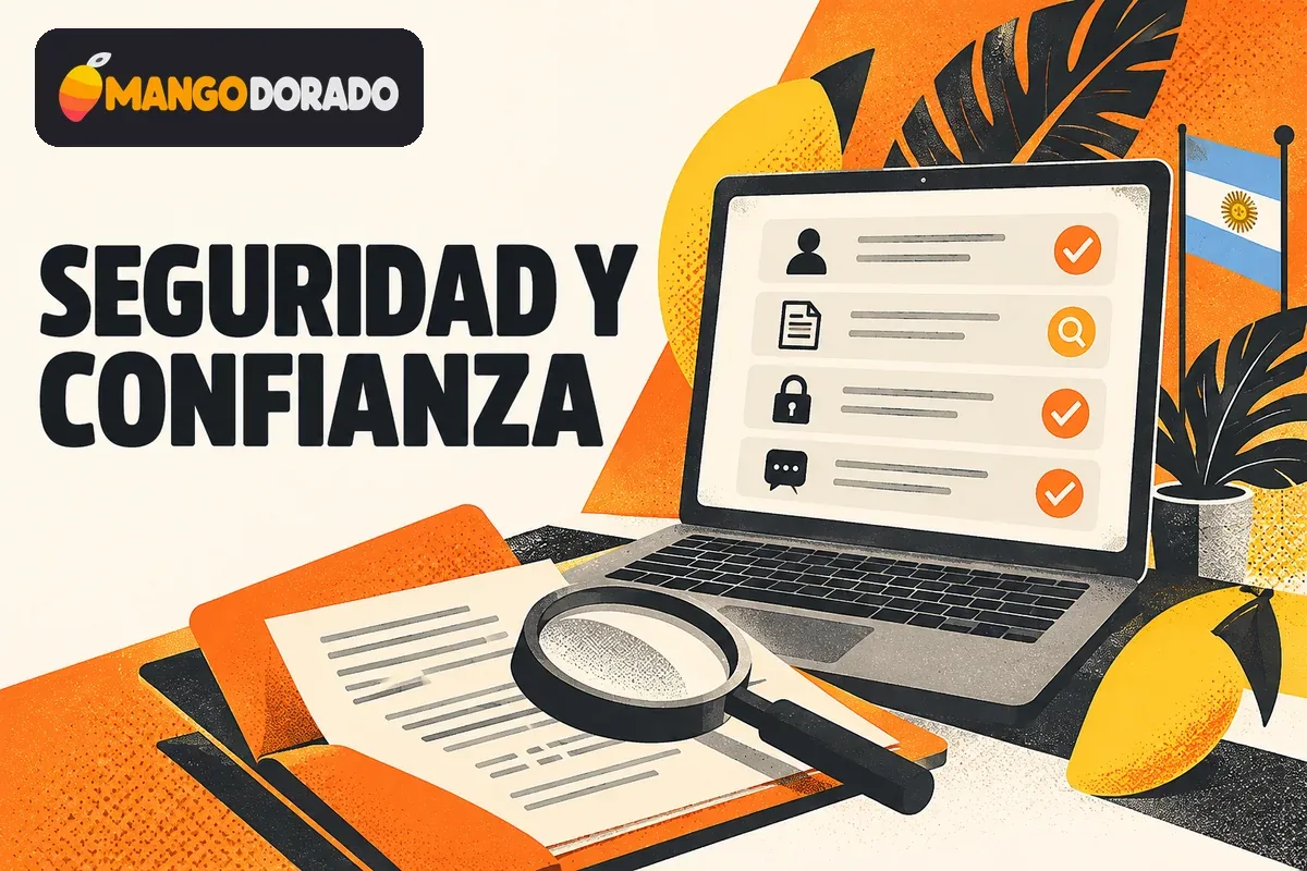 Laptop con criterios de confianza junto a documentos y lupa.